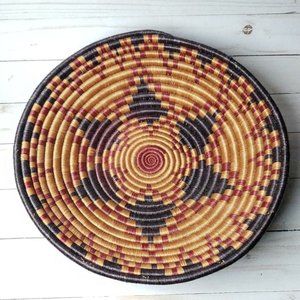 Sisal Woven Artisan Basket 11.75" Round With Star Design Boho Eclectic Decor